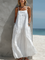 Women’s Casual White Vertical Striped Woven Sleeveless Long Dress – Effortless Elongated Summer Style