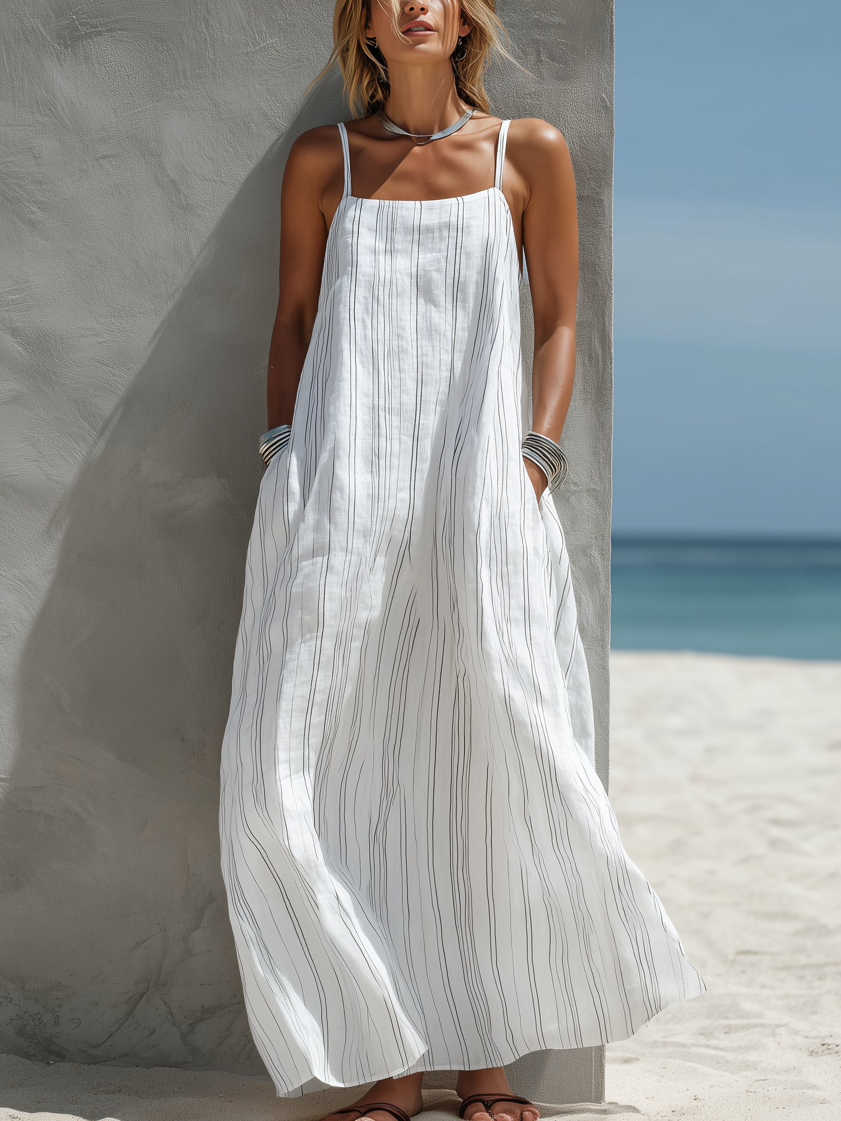 Women’s Casual White Vertical Striped Woven Sleeveless Long Dress – Effortless Elongated Summer Style
