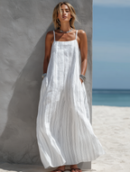 Women’s Casual White Vertical Striped Woven Sleeveless Long Dress – Effortless Elongated Summer Style