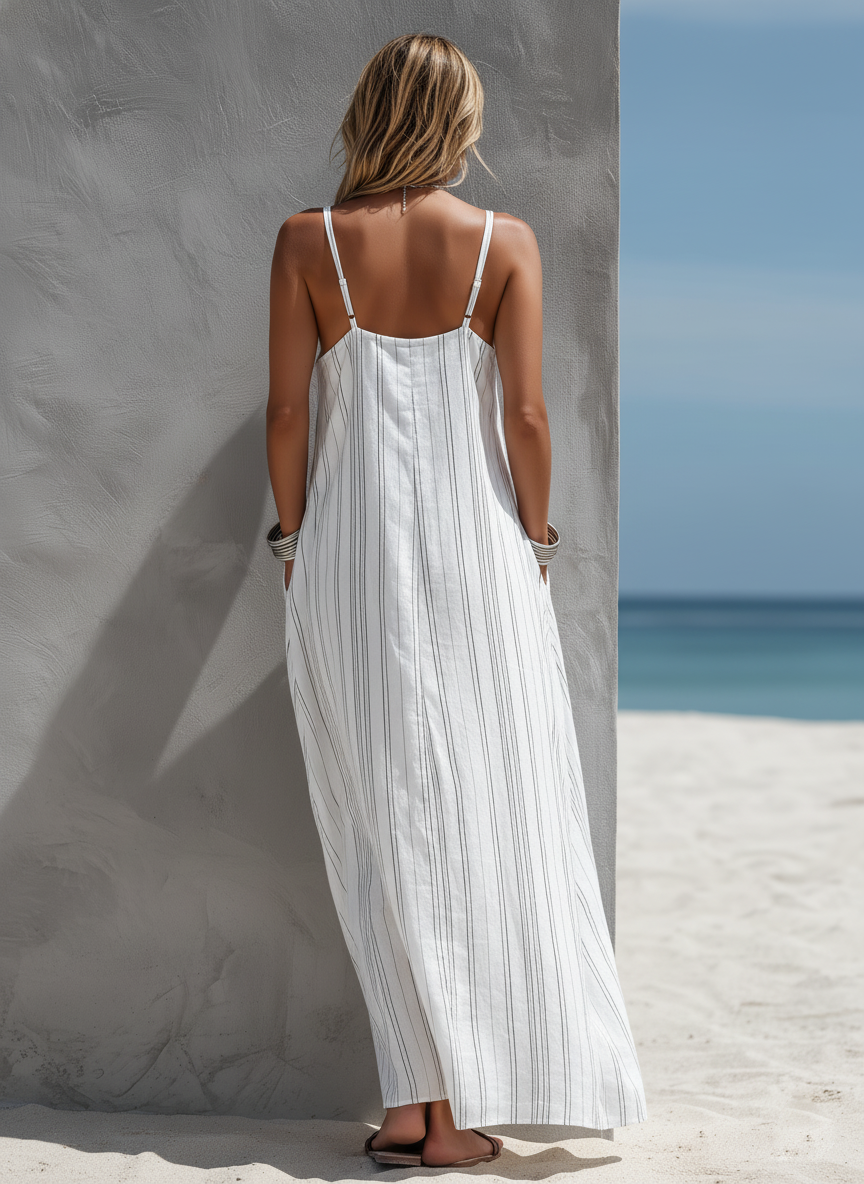 Women’s Casual White Vertical Striped Woven Sleeveless Long Dress – Effortless Elongated Summer Style