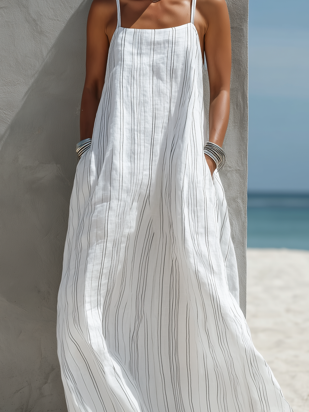 Women’s Casual White Vertical Striped Woven Sleeveless Long Dress – Effortless Elongated Summer Style