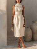 Ivory Smocked Halter Neck Linen Midi Dress Women's Elegant Ruched High Neck Sleeveless Dress with Waistband