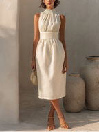 Ivory Smocked Halter Neck Linen Midi Dress Women's Elegant Ruched High Neck Sleeveless Dress with Waistband