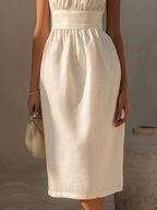 Ivory Smocked Halter Neck Linen Midi Dress Women's Elegant Ruched High Neck Sleeveless Dress with Waistband