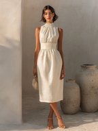 Ivory Smocked Halter Neck Linen Midi Dress Women's Elegant Ruched High Neck Sleeveless Dress with Waistband