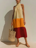 Women’s Cream Orange Red Colorblock Halter Midi Dress with Ruffle Hem – Tiered Summer Style