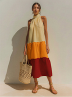 Women’s Cream Orange Red Colorblock Halter Midi Dress with Ruffle Hem – Tiered Summer Style