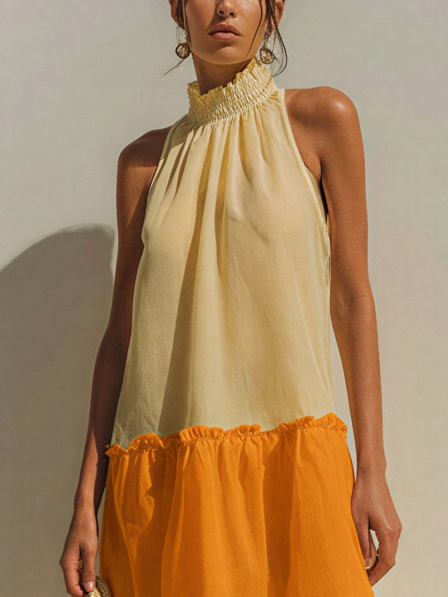 Women’s Cream Orange Red Colorblock Halter Midi Dress with Ruffle Hem – Tiered Summer Style
