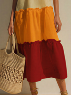 Women’s Cream Orange Red Colorblock Halter Midi Dress with Ruffle Hem – Tiered Summer Style