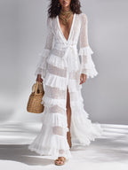 Women’s White Crochet Knit Deep V-Neck Ruffle Cardigan – Bohemian Glam Lightweight Layering Maxi Cover-Up