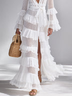Women’s White Crochet Knit Deep V-Neck Ruffle Cardigan – Bohemian Glam Lightweight Layering Maxi Cover-Up