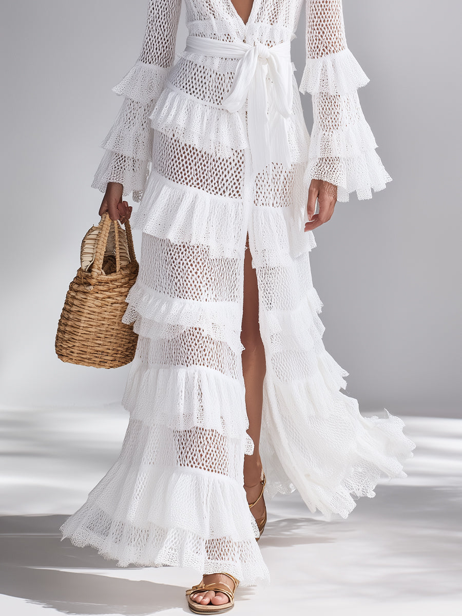 Women’s White Crochet Knit Deep V-Neck Ruffle Cardigan – Bohemian Glam Lightweight Layering Maxi Cover-Up