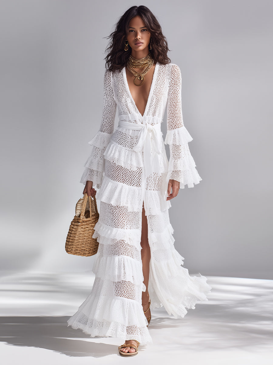 Women’s White Crochet Knit Deep V-Neck Ruffle Cardigan – Bohemian Glam Lightweight Layering Maxi Cover-Up