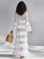 Women’s White Crochet Knit Deep V-Neck Ruffle Cardigan – Bohemian Glam Lightweight Layering Maxi Cover-Up
