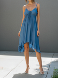 Women’s Dusty Blue Spaghetti Strap Embroidered Trim Tie-Front High-Low Midi Dress – Feminine Summer Style