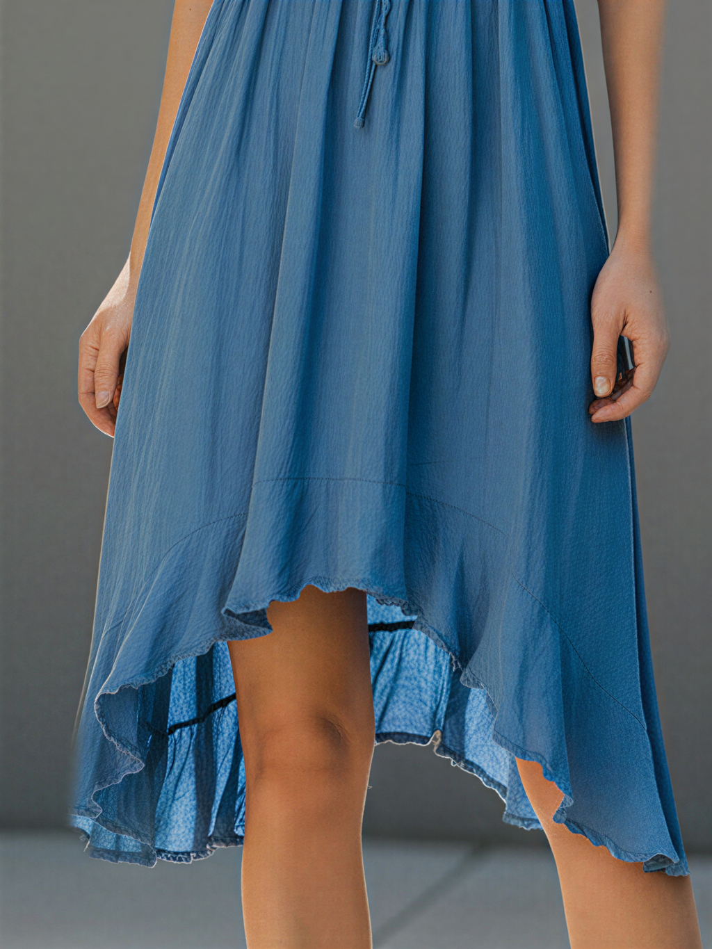Women’s Dusty Blue Spaghetti Strap Embroidered Trim Tie-Front High-Low Midi Dress – Feminine Summer Style