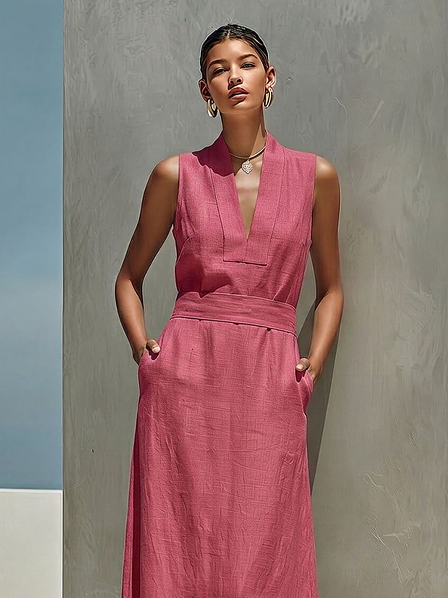 Women’s Dusty Pink Linen Blend Maxi Dress V Neck Belted Waist Sleeveless Flowy Lightweight Summer Elegant Minimalist Vacation Casual Dress with Pockets