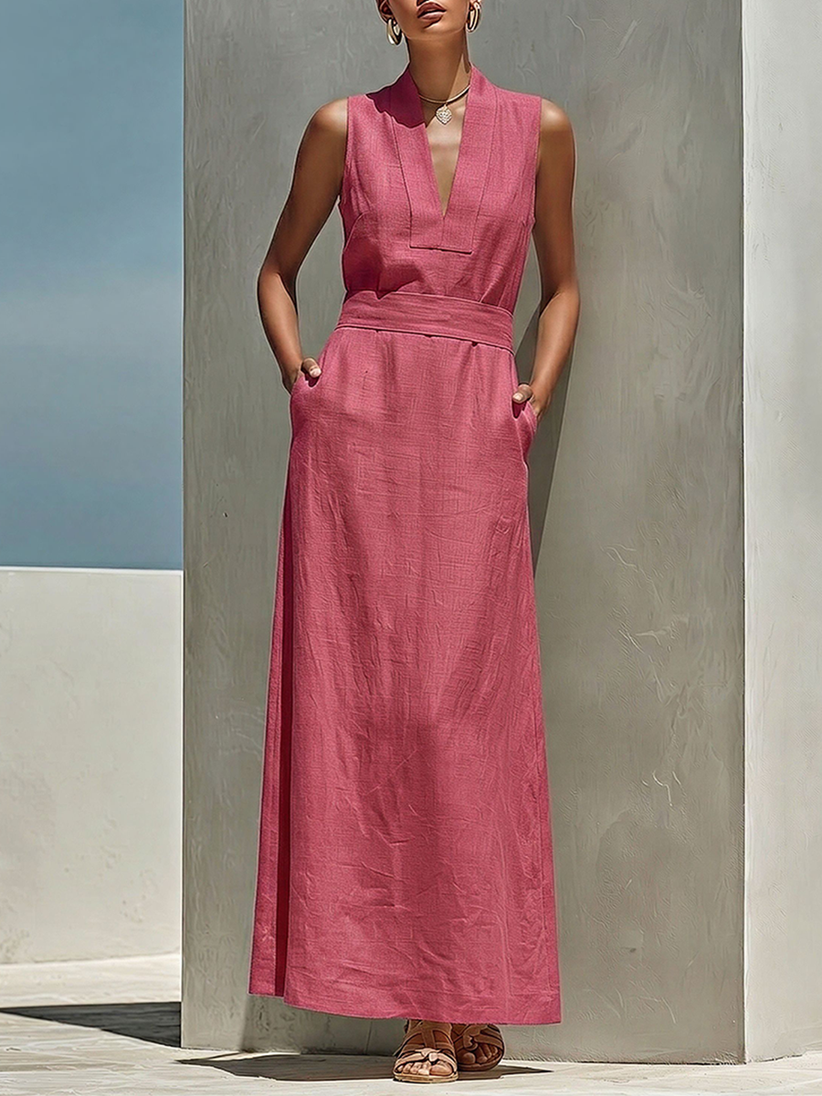 Women’s Dusty Pink Linen Blend Maxi Dress V Neck Belted Waist Sleeveless Flowy Lightweight Summer Elegant Minimalist Vacation Casual Dress with Pockets