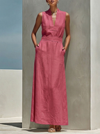 Women’s Dusty Pink Linen Blend Maxi Dress V Neck Belted Waist Sleeveless Flowy Lightweight Summer Elegant Minimalist Vacation Casual Dress with Pockets