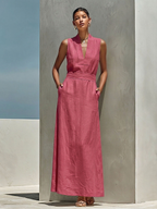Women’s Dusty Pink Linen Blend Maxi Dress V Neck Belted Waist Sleeveless Flowy Lightweight Summer Elegant Minimalist Vacation Casual Dress with Pockets
