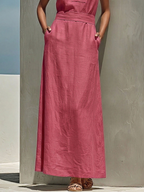 Women’s Dusty Pink Linen Blend Maxi Dress V Neck Belted Waist Sleeveless Flowy Lightweight Summer Elegant Minimalist Vacation Casual Dress with Pockets