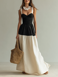 Women’s Black & White Woven Maxi Dress — Square Neck Sleeveless Elegant Flowing Dress