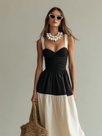 Women’s Black & White Woven Maxi Dress — Square Neck Sleeveless Elegant Flowing Dress