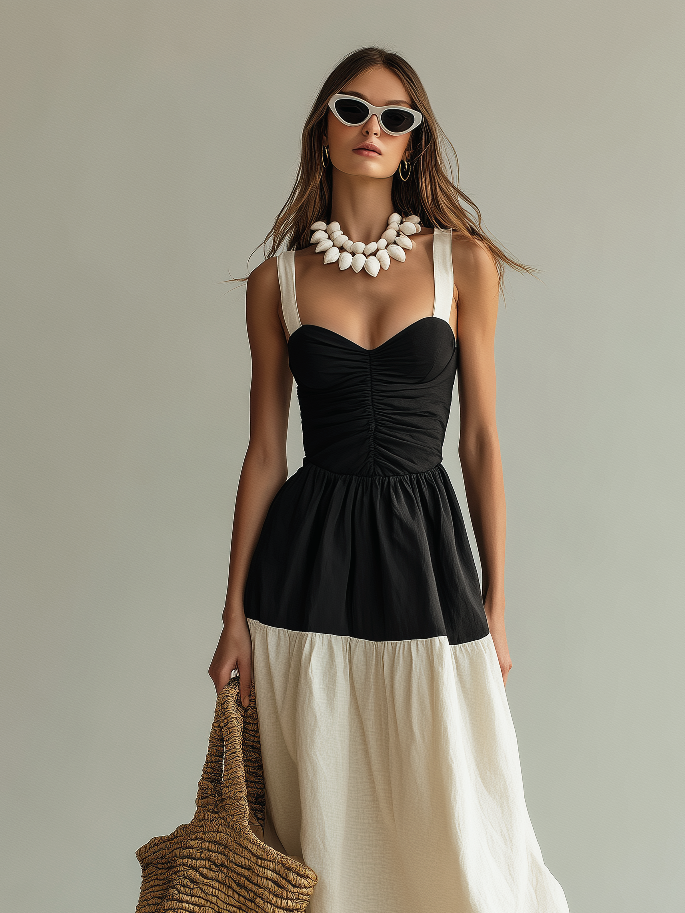 Women’s Black & White Woven Maxi Dress — Square Neck Sleeveless Elegant Flowing Dress
