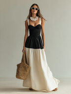 Women’s Black & White Woven Maxi Dress — Square Neck Sleeveless Elegant Flowing Dress