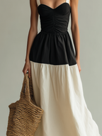 Women’s Black & White Woven Maxi Dress — Square Neck Sleeveless Elegant Flowing Dress