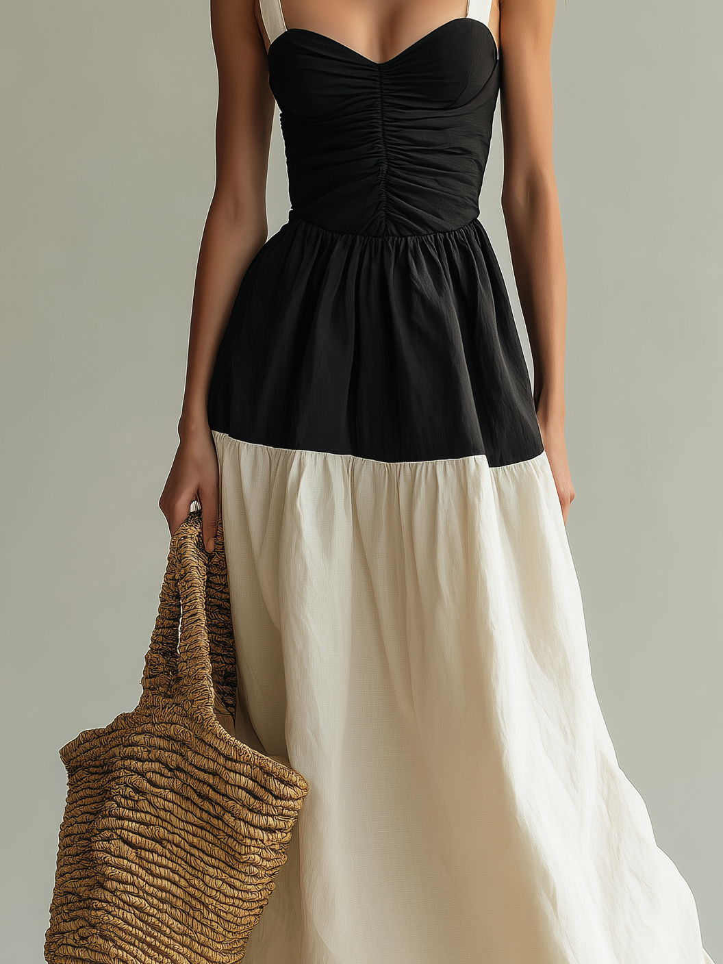 Women’s Black & White Woven Maxi Dress — Square Neck Sleeveless Elegant Flowing Dress