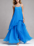 Women’s Elegant Blue Chiffon Maxi Dress — Layered Ruffle Spaghetti Strap Flowing Evening Dress
