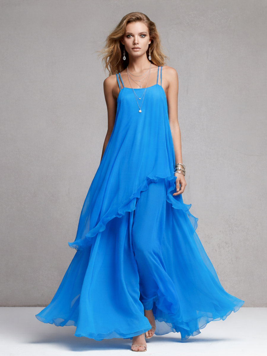Women’s Elegant Blue Chiffon Maxi Dress — Layered Ruffle Spaghetti Strap Flowing Evening Dress