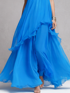 Women’s Elegant Blue Chiffon Maxi Dress — Layered Ruffle Spaghetti Strap Flowing Evening Dress