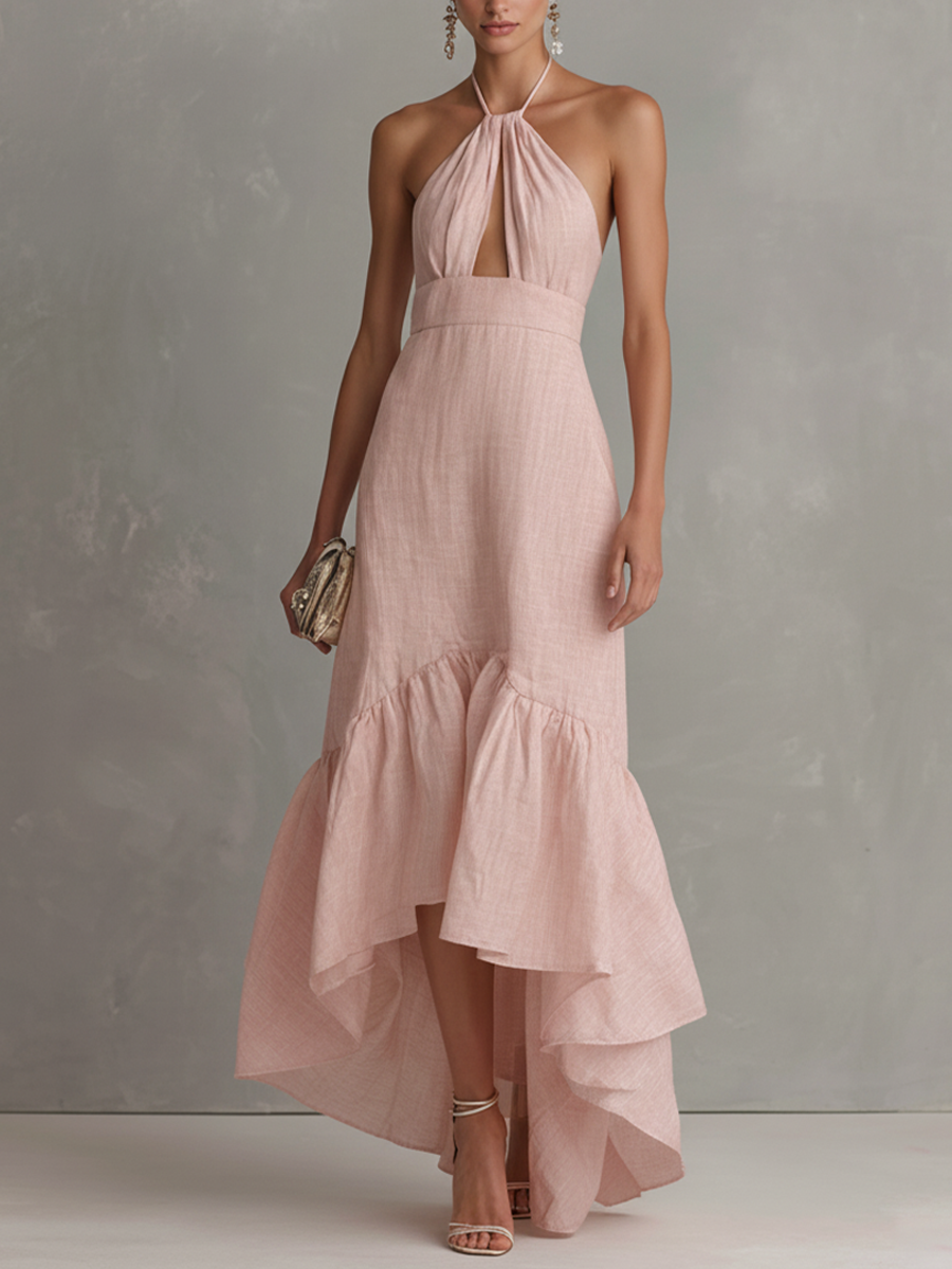Women’s Elegant Pink Cotton-Linen Halter Maxi Dress — Front Cutout Ruffle Hem Flowy Summer Occasion Dress