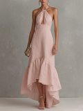 Women’s Elegant Pink Cotton-Linen Halter Maxi Dress — Front Cutout Ruffle Hem Flowy Summer Occasion Dress
