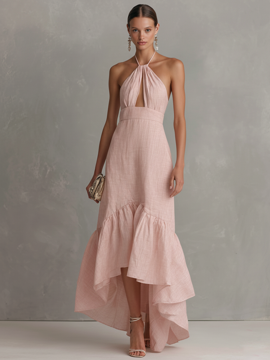 Women’s Elegant Pink Cotton-Linen Halter Maxi Dress — Front Cutout Ruffle Hem Flowy Summer Occasion Dress