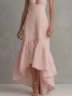 Women’s Elegant Pink Cotton-Linen Halter Maxi Dress — Front Cutout Ruffle Hem Flowy Summer Occasion Dress