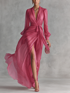 Women’s Rose Pink Pearl Chiffon V-Neck Tie-Waist Long Dress – Elegant Slit A-Line Romantic Gown