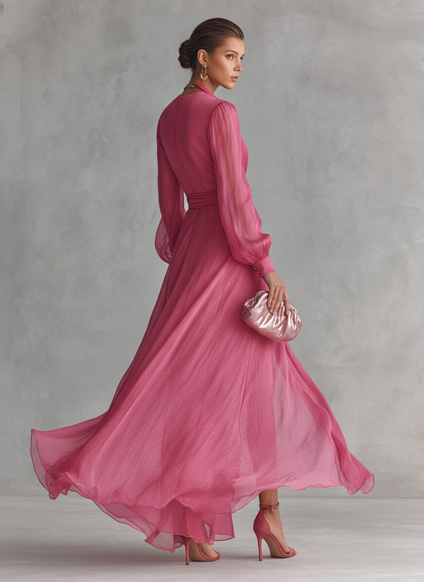 Women's Rose Pink Pearl Chiffon V-Neck Tie-Waist Long Dress – Elegant – Cecuf