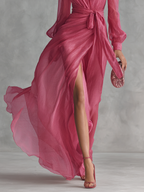 Women’s Rose Pink Pearl Chiffon V-Neck Tie-Waist Long Dress – Elegant Slit A-Line Romantic Gown