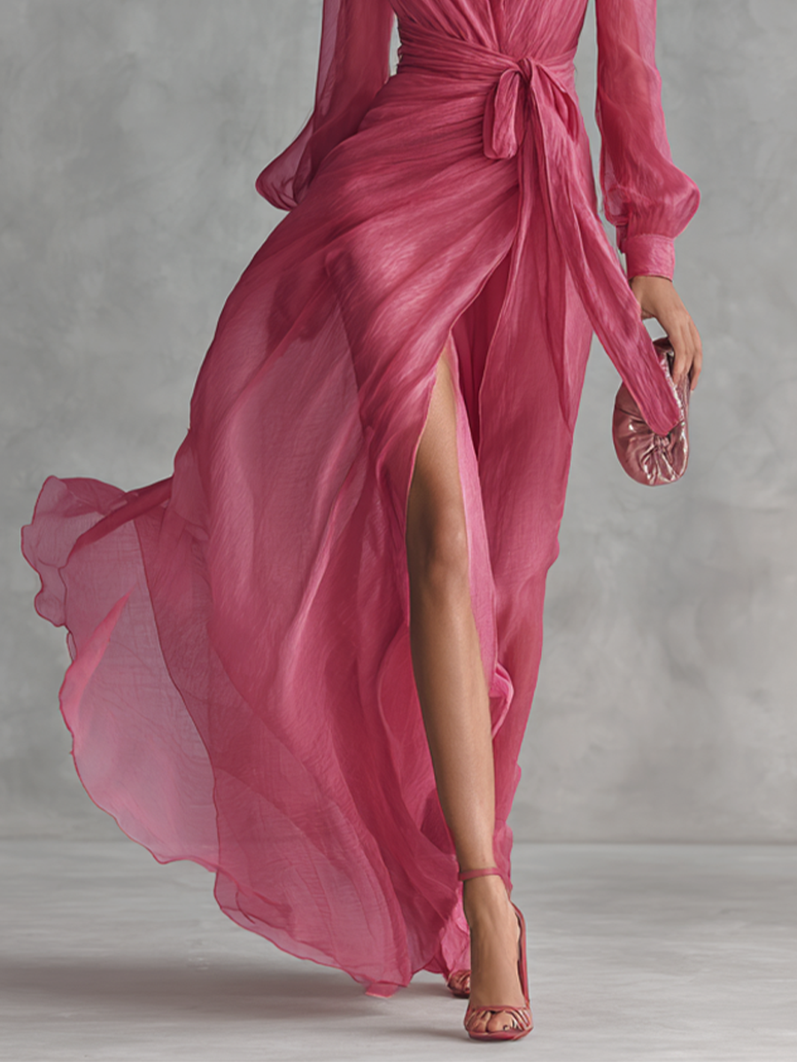 Women’s Rose Pink Pearl Chiffon V-Neck Tie-Waist Long Dress – Elegant Slit A-Line Romantic Gown