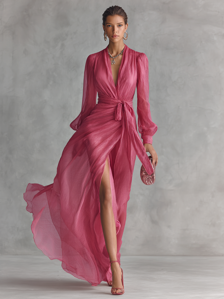 Women’s Rose Pink Pearl Chiffon V-Neck Tie-Waist Long Dress – Elegant Slit A-Line Romantic Gown