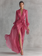 Women’s Rose Pink Pearl Chiffon V-Neck Tie-Waist Long Dress – Elegant Slit A-Line Romantic Gown