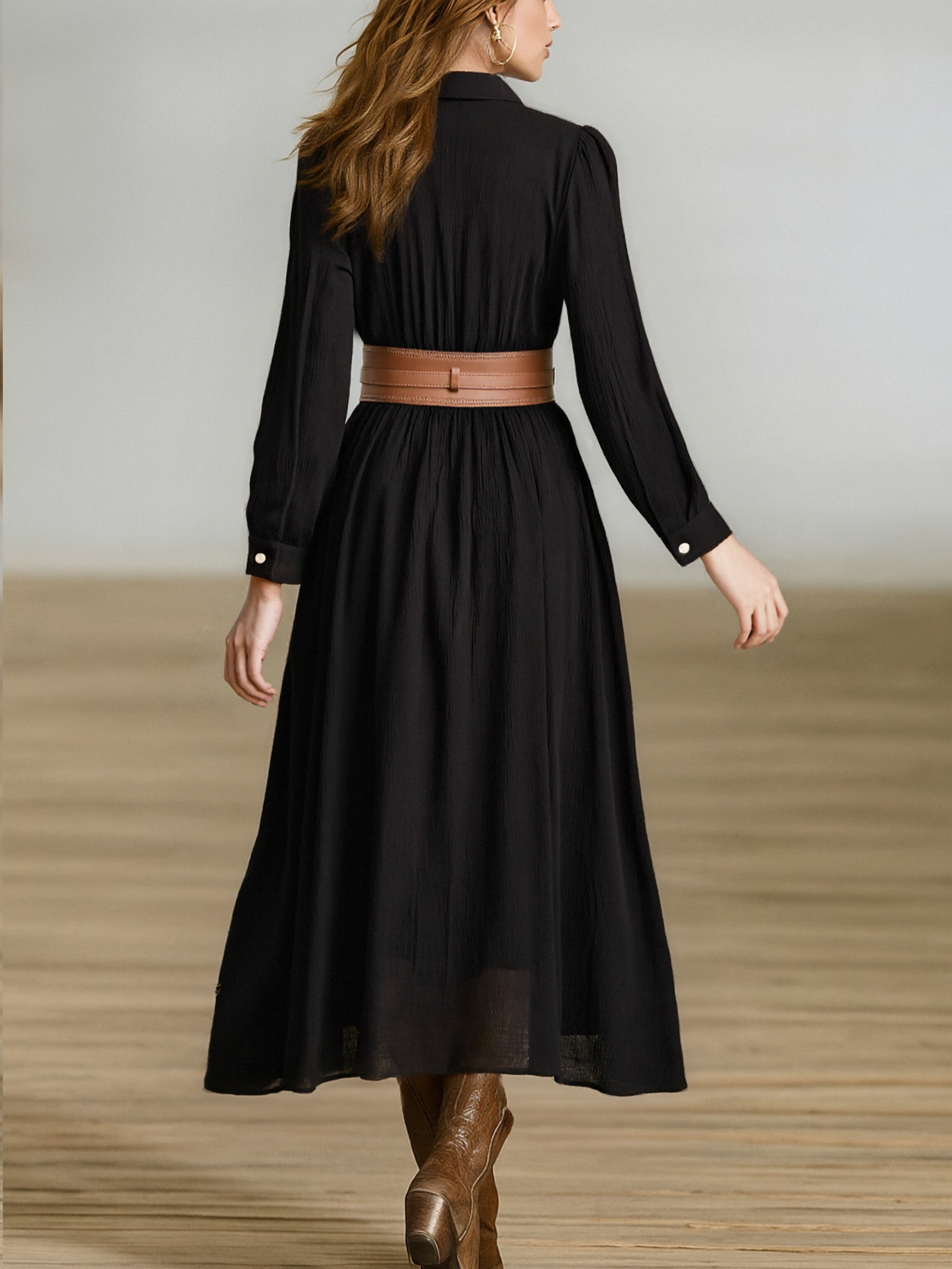 Women’s Imitation Cotton-Linen Pleated Lapel Single-Breasted Long-Sleeve Maxi Dress – Timeless Minimal Elegance