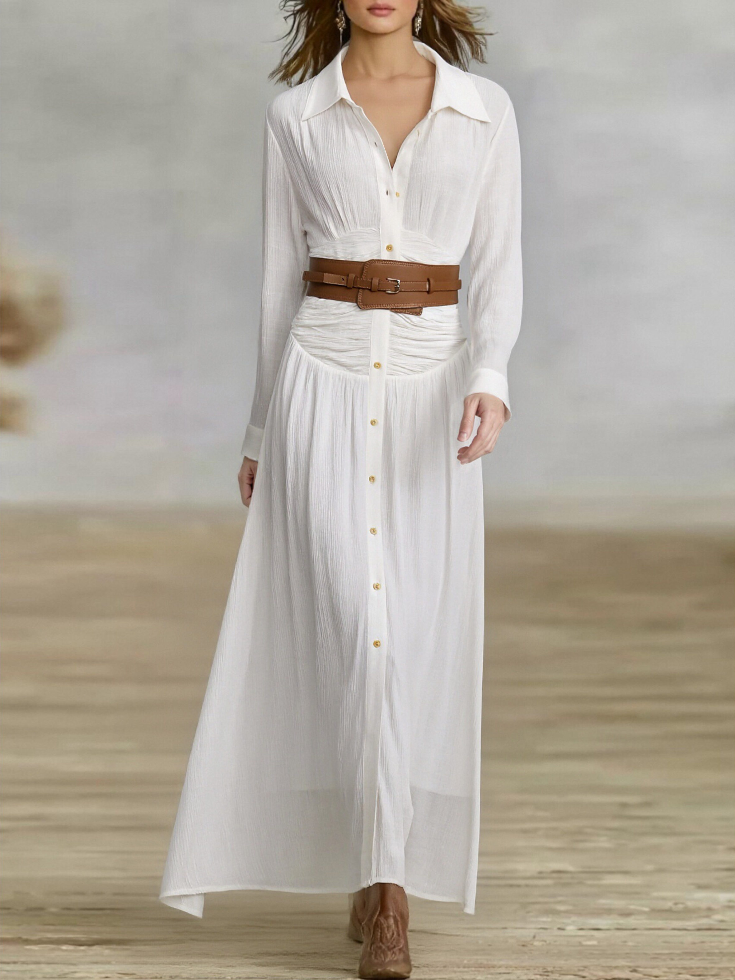 Women’s Imitation Cotton-Linen Pleated Lapel Single-Breasted Long-Sleeve Maxi Dress – Timeless Minimal Elegance