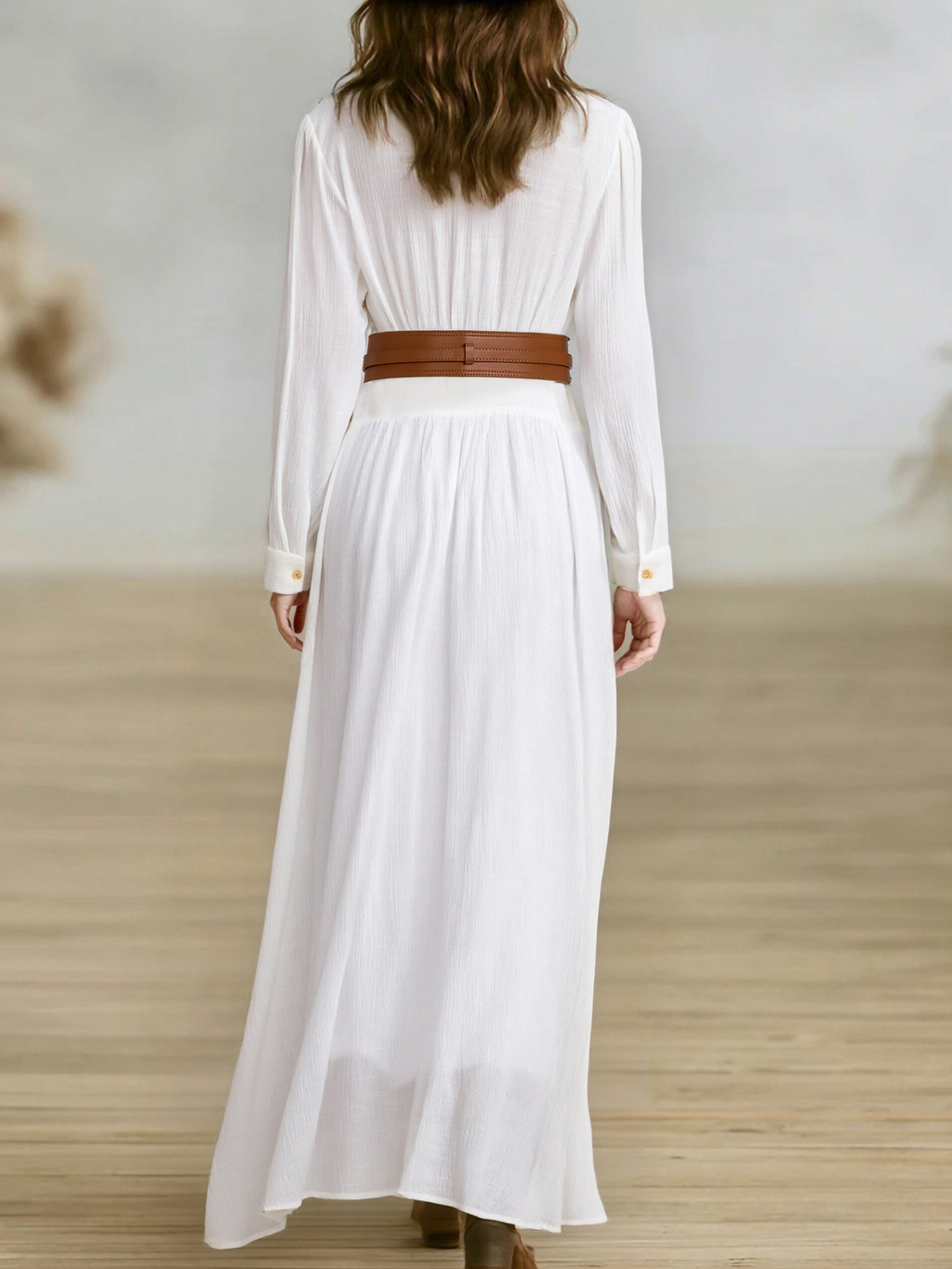 Women’s Imitation Cotton-Linen Pleated Lapel Single-Breasted Long-Sleeve Maxi Dress – Timeless Minimal Elegance