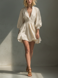 Women’s Ivory Linen-Blend Deep V-Neck Balloon Sleeve Smocked Waist Tulip Mini Dress – Romantic Chic Style
