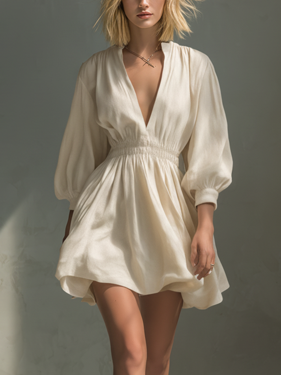 Women’s Ivory Linen-Blend Deep V-Neck Balloon Sleeve Smocked Waist Tulip Mini Dress – Romantic Chic Style
