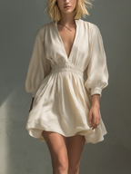 Women’s Ivory Linen-Blend Deep V-Neck Balloon Sleeve Smocked Waist Tulip Mini Dress – Romantic Chic Style